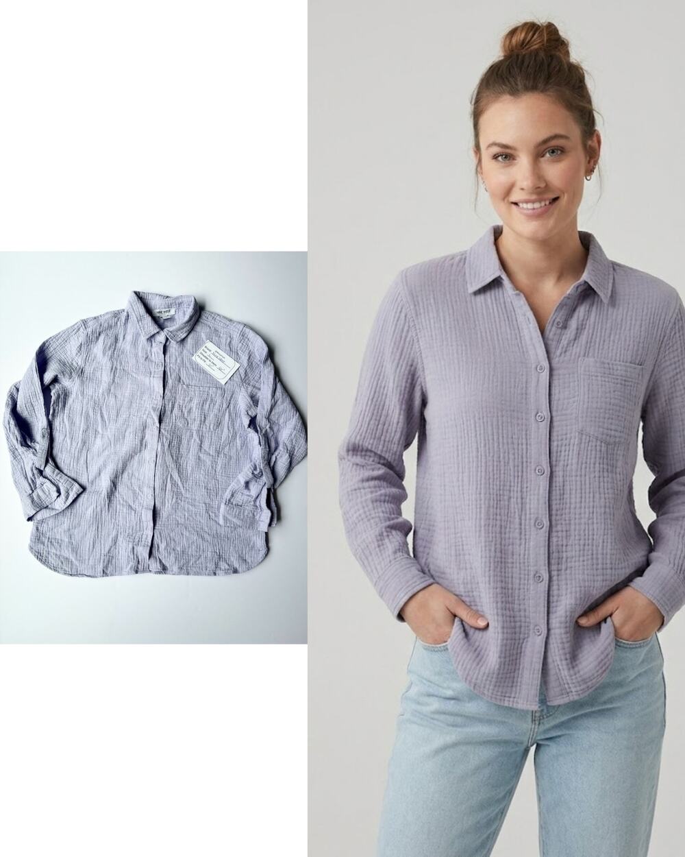 Nine West Double Gauze Button-Up Shirt | Periwinkle Lavender | Size Large